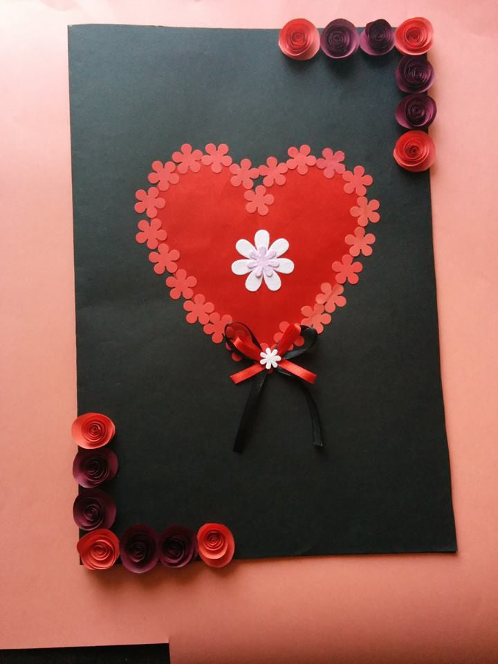 Handmade Frilled Black Card with Hearts